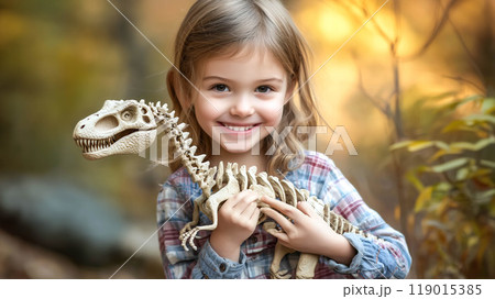 A kid boy stands in awe in front of a giant dinosaur skeleton at the museum. The concept focuses on curiosity, history, and the excitement of discovering the ancient past. Generative AI. A kid boy stands in awe in front of a giant dinosaur skeleton at the museum. The concept focuses on curiosity, history, and the excitement of discovering the ancient past. Generative AI. 119015385