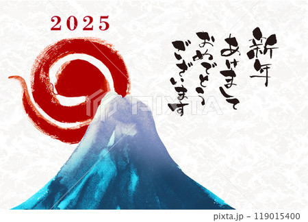 年賀状 デザイン　2025年 巳年 年賀状用テンプレート　ヘビと富士山手書き和風筆イラスト入り 119015400