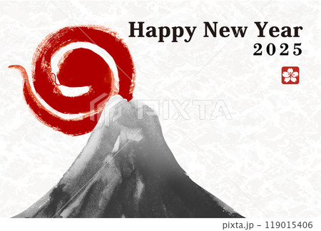 年賀状 デザイン　2025年 巳年 年賀状用テンプレート　ヘビと富士山手書き和風筆イラスト入り 119015406