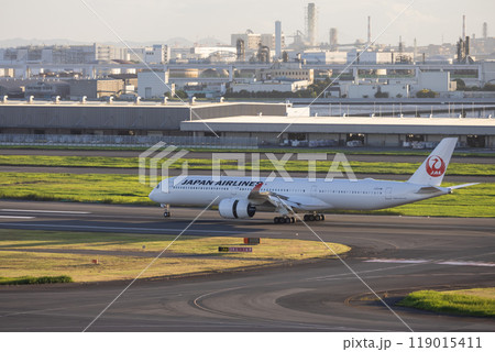 東京羽田空港に着陸する旅客機 119015411