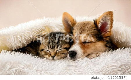 お昼寝する犬と猫 119015574