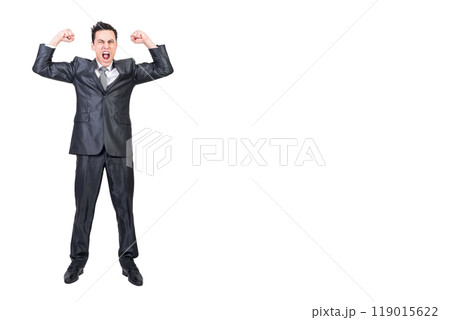 Funny businessman showing power and screaming. White background. 119015622