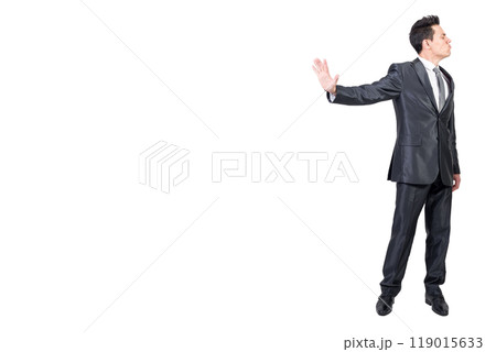 Hilarious dissatisfied businessman showing stop sign. White background. 119015633