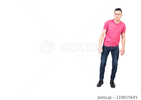 Suspicious man frowning and looking away. White background Suspicious man frowning and looking away. White background 119015645