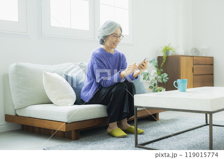 リビングでくつろぐニットのシニア女性 119015774