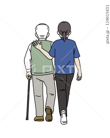 高齢者の歩行介助をする介護士のイラスト 高齢者の歩行介助をする介護士のイラスト 119015831