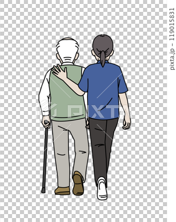 高齢者の歩行介助をする介護士のイラスト 高齢者の歩行介助をする介護士のイラスト 119015831