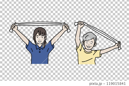 Illustration of a caregiver stretching with an elderly person 119015841