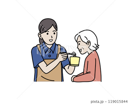 高齢者の食事介助する介護士のイラスト 119015844