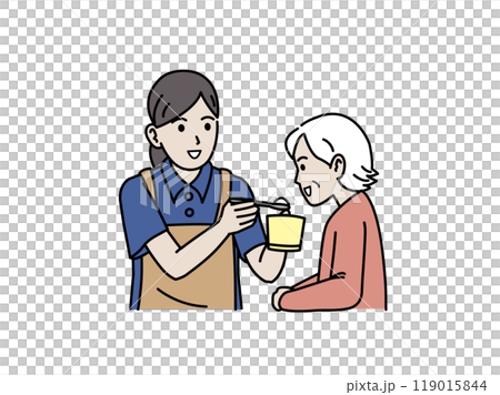 高齢者の食事介助する介護士のイラスト 119015844