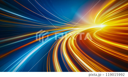 青とオレンジの光の抽象的な輝くリボン、PPT背景素材 119015992
