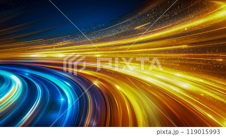 青とオレンジの光の抽象的な輝くリボン、PPT背景素材 119015993