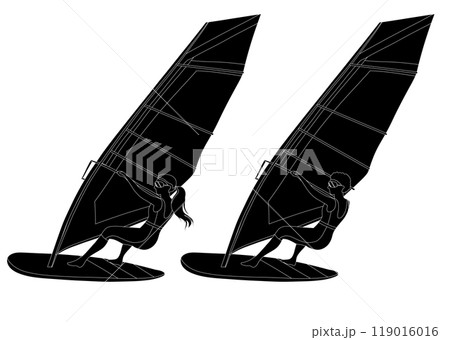 Vector set of monochrome illustration windsurfing. Collection with black silhouettes of women surfers isolated from background. Vector set of monochrome illustration windsurfing. Collection with black silhouettes of women surfers isolated from background. 119016016