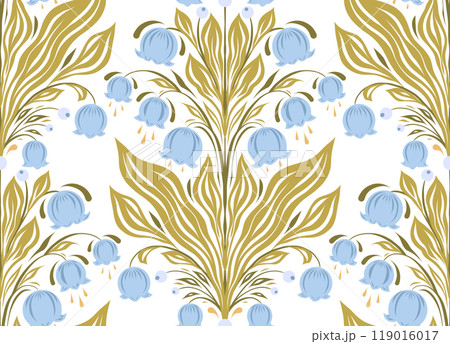 Vector ornamental pattern with blue lilies of the valley. Texture with tracery floral arrangement on white background. Decorative surface design 119016017