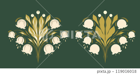 Vector set of tracery and silhouette illustration lilies of the valley in flat style. Collection of floral symmetrical arrangement Vector set of tracery and silhouette illustration lilies of the valley in flat style. Collection of floral symmetrical arrangement 119016018