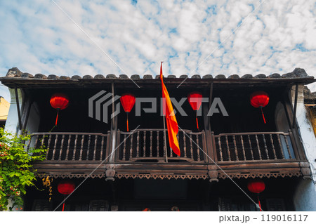 ancient Asian house decorated with hanging Chinese lanterns for a holiday in old town in Hoi An in Vietnam ancient Asian house decorated with hanging Chinese lanterns for a holiday in old town in Hoi An in Vietnam 119016117