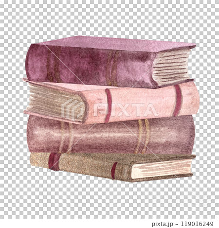 Stack of pink and gold hardcover old books watercolor illustration isolated on white. Hand painted thick books perfect for stationary, bookstore, reading theme, book club labels, logo decor 119016249