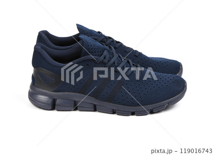 Blue summer sneaker made of mesh fabric, with a thick sole, isolate on a white background. Blue summer sneaker made of mesh fabric, with a thick sole, isolate on a white background. 119016743