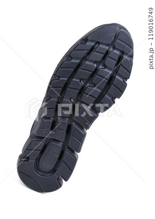Sole of blue light summer sneakers. Blue summer sneaker made of mesh fabric, with a thick sole, isolate on a white background. Sole of blue light summer sneakers. Blue summer sneaker made of mesh fabric, with a thick sole, isolate on a white background. 119016749