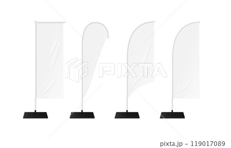 Realistic flag banner stands for advertising and promotional events. 3d vector rectangular, feather and teardrop shaped signs for both indoor and outdoor use, brand visibility and marketing promotions 119017089