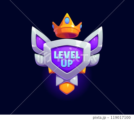 Level up game reward, rate icon features silver pentagonal shield, adorned with wings and shining golden crown on top, symbolizing achievement, progression, advancement and milestones in gaming ux 119017100