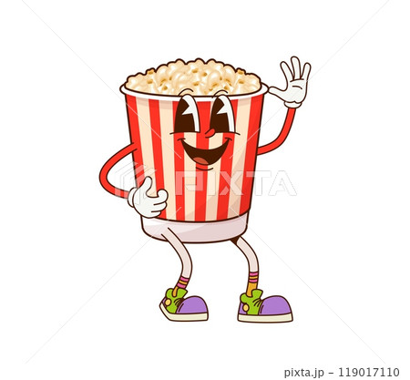 Cartoon fast food popcorn groovy character. Fast food menu meal, takeaway restaurant popcorn or junk snack cute hippie isolated vector character. Street menu meal funny cartoon groovy personage 119017110