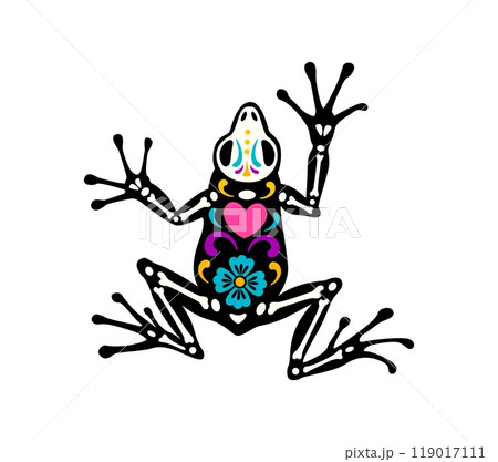 Mexican day of the dead frog animal tattoo skeleton with bones and heart. Isolated vector Dia de los Muertos figure of toad amphibian, sugar skull with floral pattern, symbol of nature and wild life 119017111