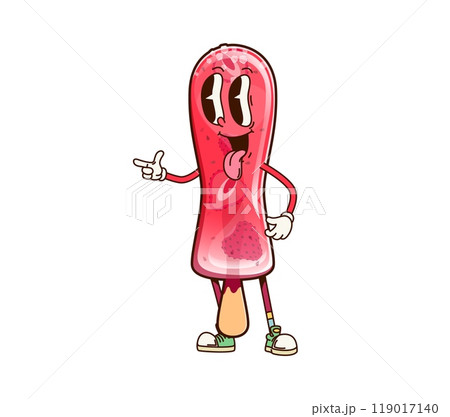 Groovy ice cream character. Cartoon vector funky and vibrant icecream popsicle, food personage features strawberry pieces inside and is playfully sticking out its tongue with confident finger gun pose 119017140