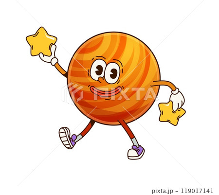 Solar system groovy planet character holding two yellow stars in its hands. Isolated cartoon vector cheerful orange space globe personage for children astronomy education, radiating positive vibe 119017141