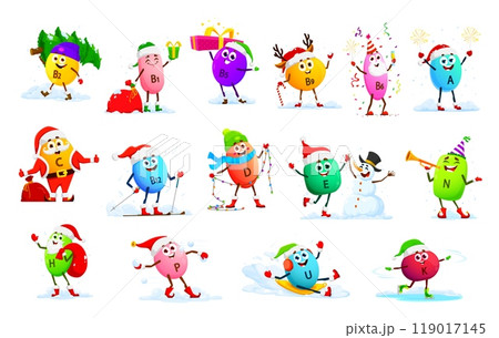 Cartoon vitamin characters on Christmas winter holiday with Santa gifts, vector micronutrients. Funny happy vitamin B, E and C with Christmas tree and snowman, riding sledge or skating on ice rink 119017145