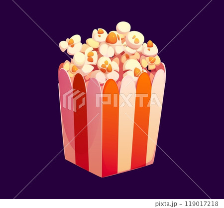 Cartoon fast food pop corn bucket, isolated vector carton disposable box, paper package full of popcorn kernels. Popular snack in red and white striped container for cinema or movie theater amusement Cartoon fast food pop corn bucket, isolated vector carton disposable box, paper package full of popcorn kernels. Popular snack in red and white striped container for cinema or movie theater amusement 119017218