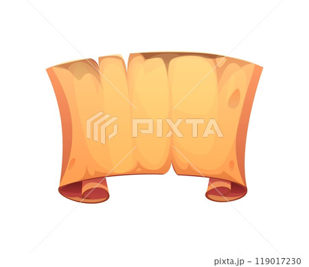 Cartoon pirate vintage paper scroll, old treasure map parchment, ancient manuscript, antique papyrus. Vector historical slightly curved document template, conveys a sense of antiquity and mystery 119017230