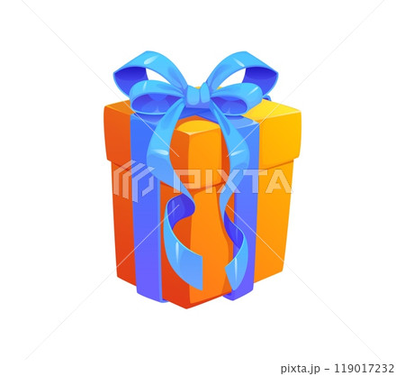 Vibrant cartoon gift box with a striking orange body and a large blue ribbon bow. Isolated vector colorful present for celebrations of birthdays, holidays, or Christmas, festive events and parties Vibrant cartoon gift box with a striking orange body and a large blue ribbon bow. Isolated vector colorful present for celebrations of birthdays, holidays, or Christmas, festive events and parties 119017232