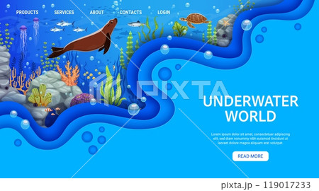 Landing page template with underwater landscape and paper cut waves inviting to explore vibrant marine life with seal, jellyfish, fish shoal and turtle. Vector web banner with ocean animals and flora 119017233