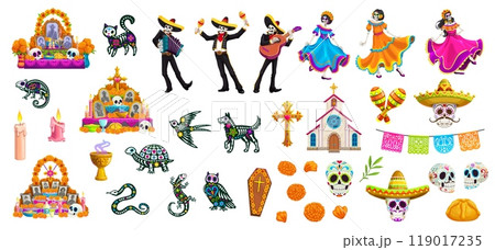 Cartoon day of the dead dia de los muertos characters and holiday elements set. Vector skeletons, marigolds, altar, sugar skulls, candles, instruments and traditional attire, representing celebration Cartoon day of the dead dia de los muertos characters and holiday elements set. Vector skeletons, marigolds, altar, sugar skulls, candles, instruments and traditional attire, representing celebration 119017235