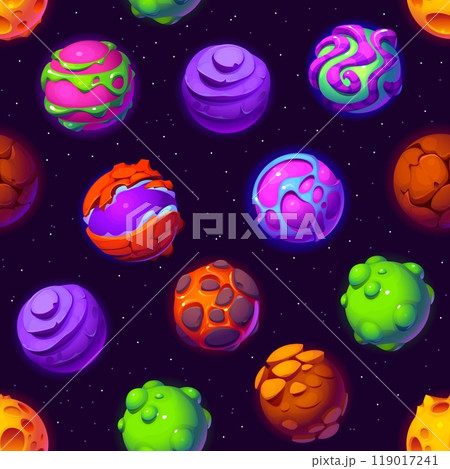 Cartoon fantasy galaxy and alien space planets seamless pattern, vector background. Mysterious alien planets pattern with red and pink rocks or blue and green lava terrain landscape in space galaxy 119017241