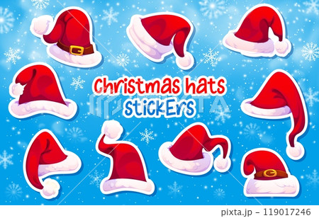 Cartoon Christmas Santa hats stickers pack. Cartoon vector red caps decorations with white fur and snowflakes around. Festive headdress accessory for xmas holiday celebration and winter festivities Cartoon Christmas Santa hats stickers pack. Cartoon vector red caps decorations with white fur and snowflakes around. Festive headdress accessory for xmas holiday celebration and winter festivities 119017246