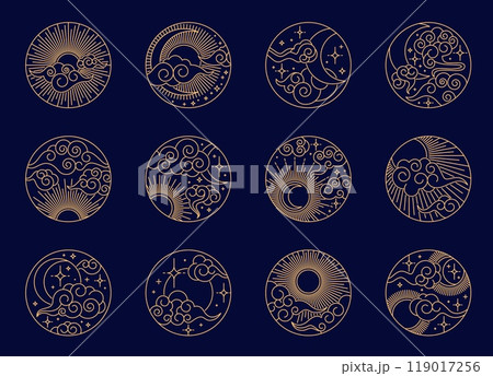 Oriental Chinese, Korean or Japanese sun and moon patterns with clouds, vector Asian symbols. Oriental ornaments and decorations of golden line pattern with sun rays, moon or stars and clouds in sky Oriental Chinese, Korean or Japanese sun and moon patterns with clouds, vector Asian symbols. Oriental ornaments and decorations of golden line pattern with sun rays, moon or stars and clouds in sky 119017256