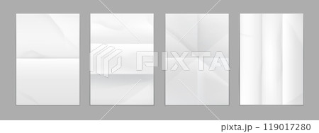 White fold paper or notebook wrinkle sheet of crumpled pages, realistic vector. Folded paper with blank background for poster, leaflet, flyer or banner document with fold crease of crumpled pages 119017280