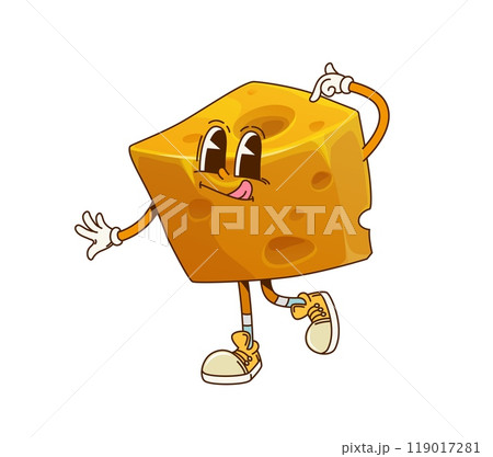 Funny groovy cheese character. Cartoon vector yellow piece of cheese, playful dairy product, retro personage with a silly expression, scratching head and showing its tongue, conveys fun and energy 119017281