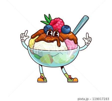 Ice cream sundae groovy character. Cartoon vector delightful dessert bowl, topped with chocolate sauce, raspberries, and blueberries. Joyful summer treat personage exudes retro funky cheerful vibes Ice cream sundae groovy character. Cartoon vector delightful dessert bowl, topped with chocolate sauce, raspberries, and blueberries. Joyful summer treat personage exudes retro funky cheerful vibes 119017283