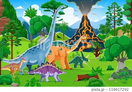 Prehistoric era landscape with dinosaurs amidst lush tropical greenery and a dramatic erupting volcano. Cartoon vector scene showcasing a tranquil yet dynamic ecosystem teeming with Jurassic era life Prehistoric era landscape with dinosaurs amidst lush tropical greenery and a dramatic erupting volcano. Cartoon vector scene showcasing a tranquil yet dynamic ecosystem teeming with Jurassic era life 119017292
