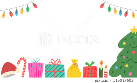 クリスマスツリーとカラフルなプレゼントの背景、かわいい手描きのイラスト クリスマスツリーとカラフルなプレゼントの背景、かわいい手描きのイラスト 119017602