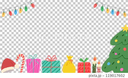 クリスマスツリーとカラフルなプレゼントの背景、かわいい手描きのイラスト クリスマスツリーとカラフルなプレゼントの背景、かわいい手描きのイラスト 119017602