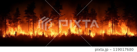 A forest on fire, the burning trees in flames. Large scale natural disaster 119017680