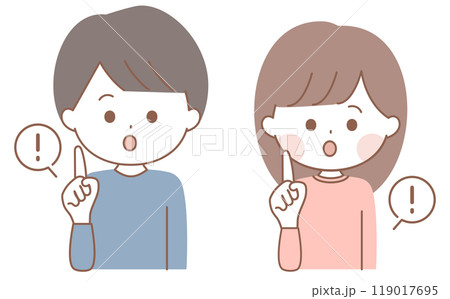 ビックリして指差しポーズをする男性と女性のセットイラスト ビックリして指差しポーズをする男性と女性のセットイラスト 119017695