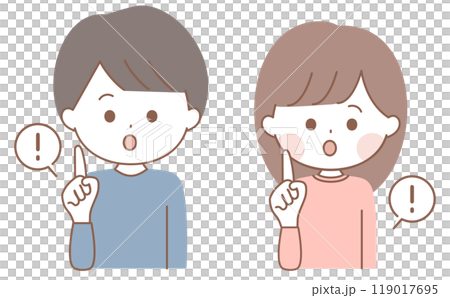 Set of illustrations of a man and a woman pointing in surprise 119017695