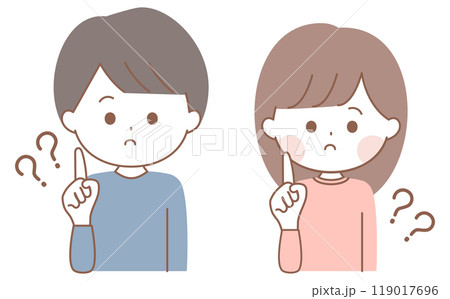 疑問がありハテナポーズをする男性と女性のセットイラスト 119017696