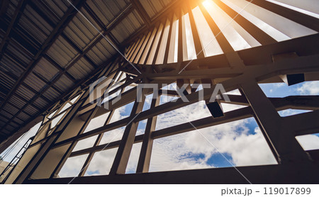 A structure featuring wooden slats on construction site contributing to its architectural style 119017899