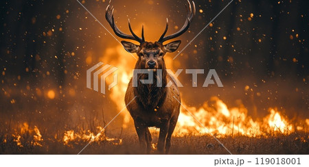 A deer stands amongst burning trees in the burning forest 119018001